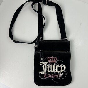 Y2K Juicy Couture Crossbody Bag Small Purse Vintage Black Velour Pink Sparkle